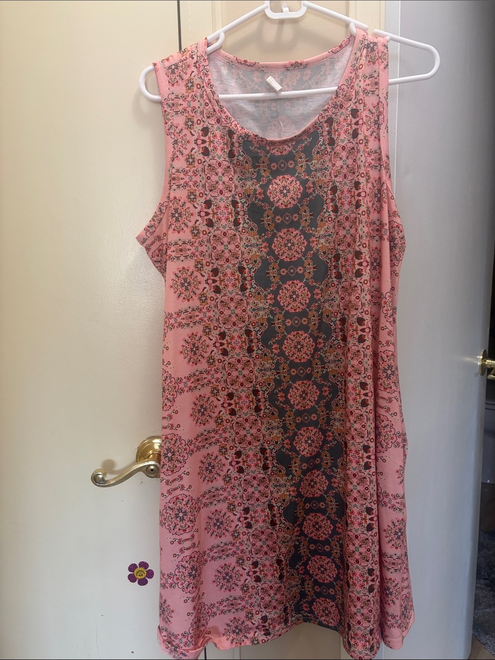Amazon Essentials Pink Sleeveless Printed Mini Dress with Black Medallion Panel